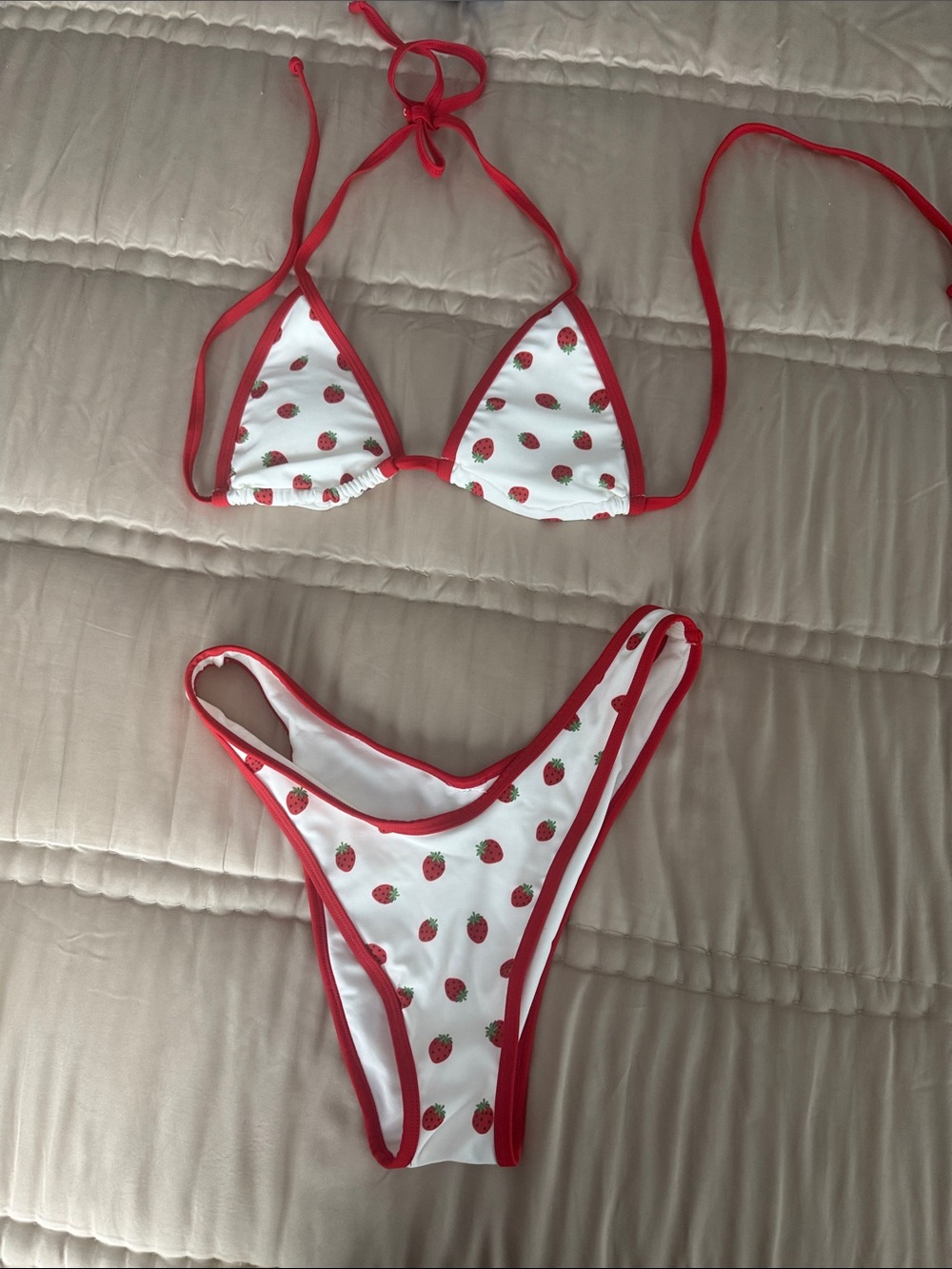 Strawberry Print Red-Trim Triangle Bikini